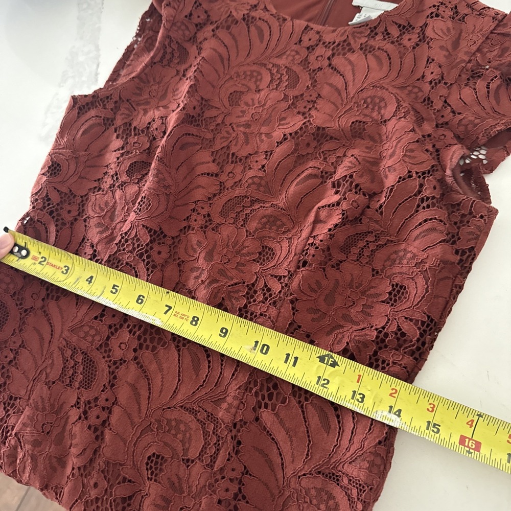 H&M Deep Rust Lace Flutter Sleeve Cap Sleeve Sheath Pencil Dress Size 6 - Picture 6 of 9